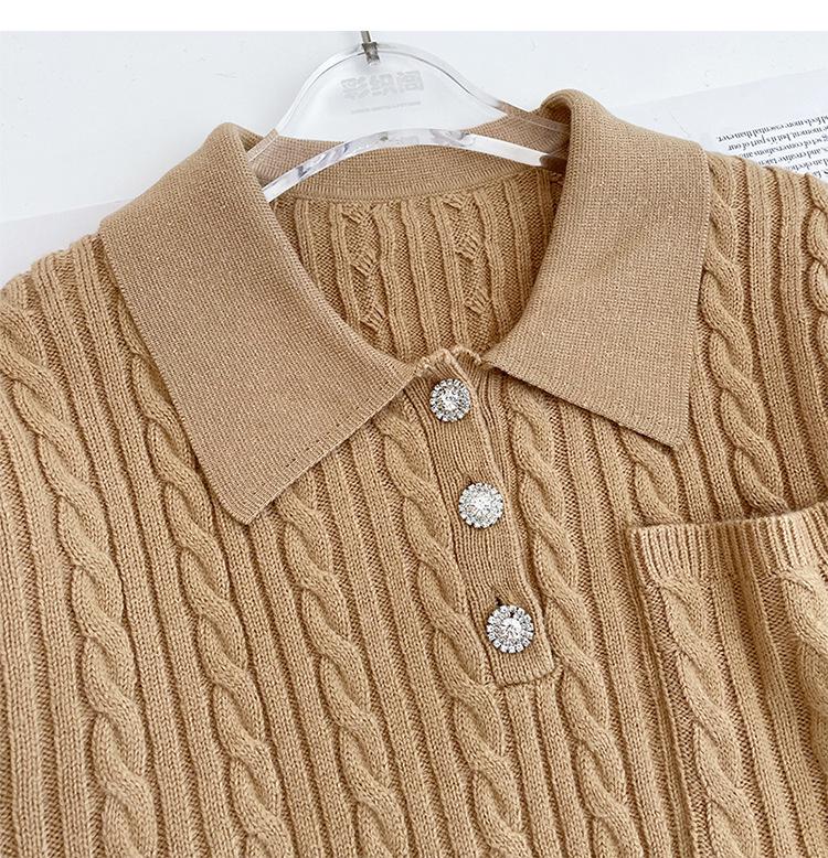 SD Camel Cable Knit Polo Neck Sweater: Women's Retro Cashmere Blend Loose Pullover