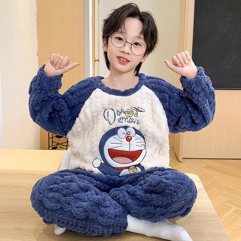 New Boys' Flannel Pajama Set - Warm Autumn/Winter Coral Fleece