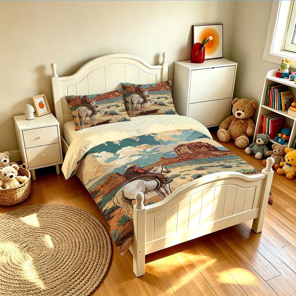 3pcs Retro Western Cowboy Desert Landscape Print Bedding Set 1 Duvet Cover 2 Pillowcases No Comforter Included Soft Washable