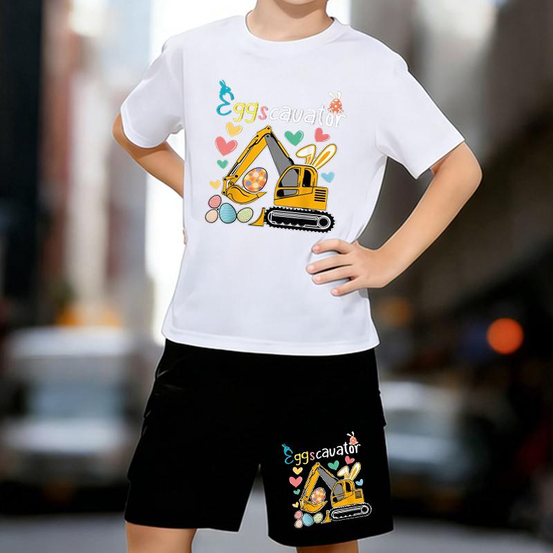 

Boys 2 Piece Cartoon excavator printed outfit, Short Sleeve T-Shirt and Shorts Set for Kids Age 5-14,White, Black Sporty Casual Summer Clothes 13-14 Years