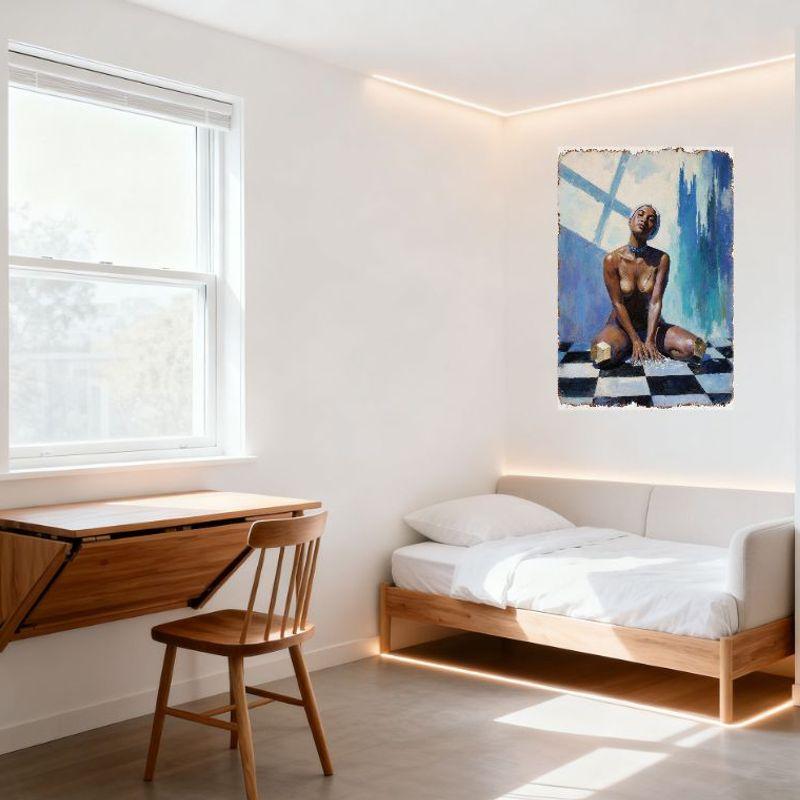 Sexy Impressionistic Nude Black Woman On Checkered Floor Tin Sign, Blue Choker & Beads, Light Blue Wall with Cross Window, Vinta