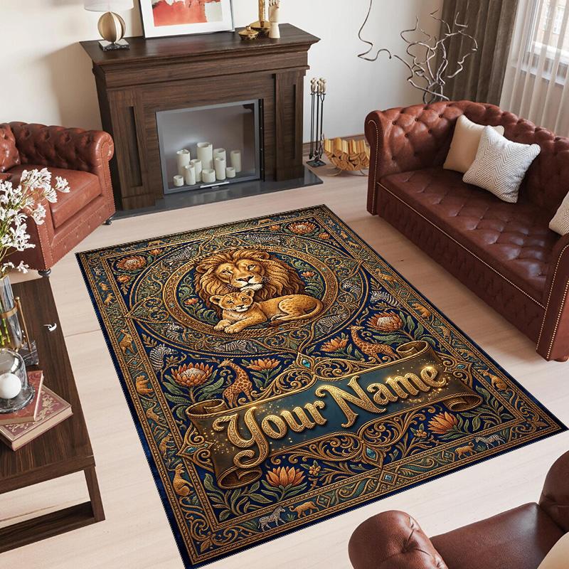 Lion Tiger Theme Crystal Velvet Rug Personalized Custom Name Text Soft Floor Mat Home Decor