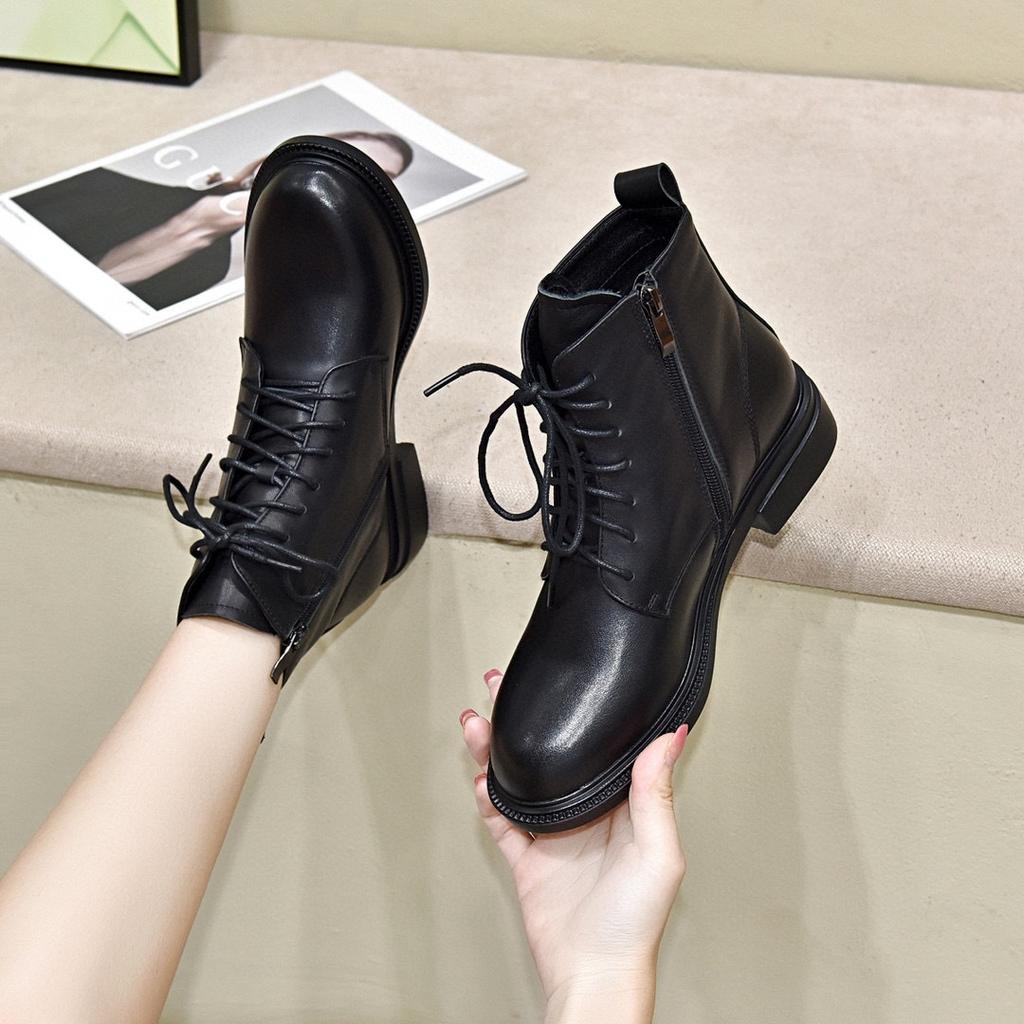Round Head Leather Boots Martin Boots Women's Large Size First Layer Cowhide Comfortable Flat Bottom Short Boots Black Cotton Boots Women's Boots