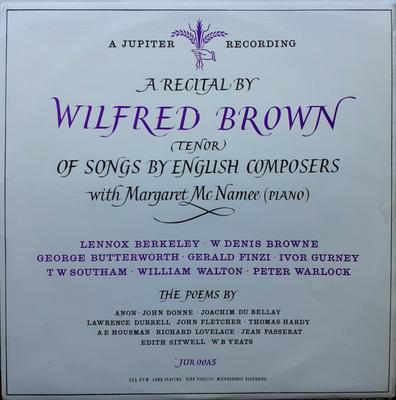 Disco LP WILFRED BROWN, MARGARET MCNAMEE - Un Recital di Canzoni di Compositori Inglesi JUR00A5 Jupiter Recordi 1962 Regno Unito Classico Usato