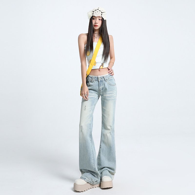 

Small American Retro Lace Waist Head Slightly Flared Jeans Women s Low Waist Slimming Holes Sexy Mop Pants Summer Light blue pants 155-165 XL