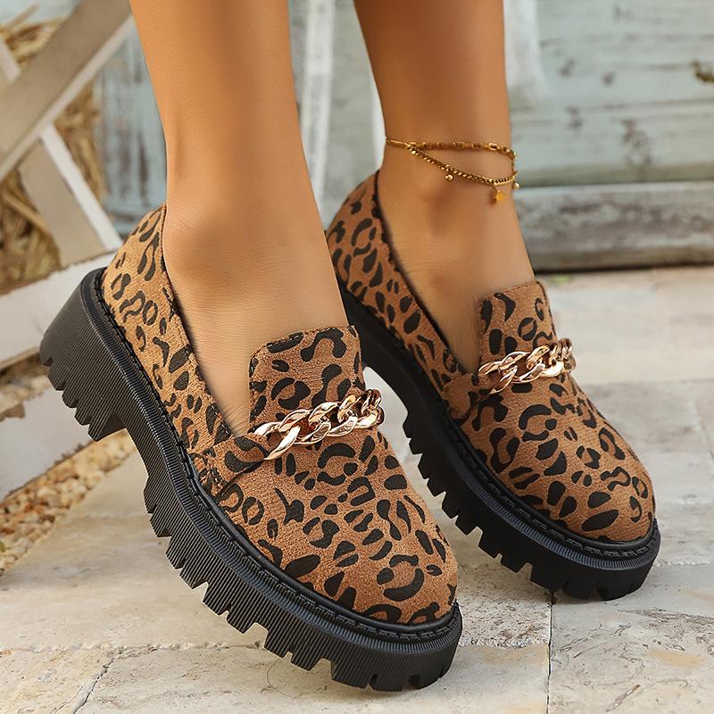 Women's Leopard Chunky Loafers with Chain Decor Slip On Platform Casual Shoes Woman 2025 Autumn Fashion Non Slip Flats Plus Size