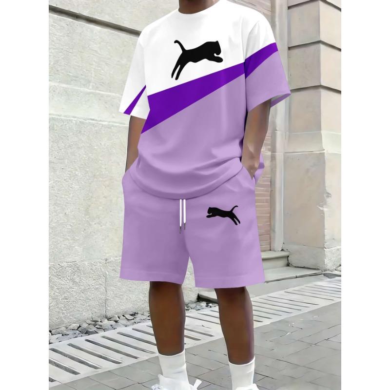 Fashion trendy summer men s casual T-shirt suit color matching loose short-sleeved shorts two-piece set trendy casual S