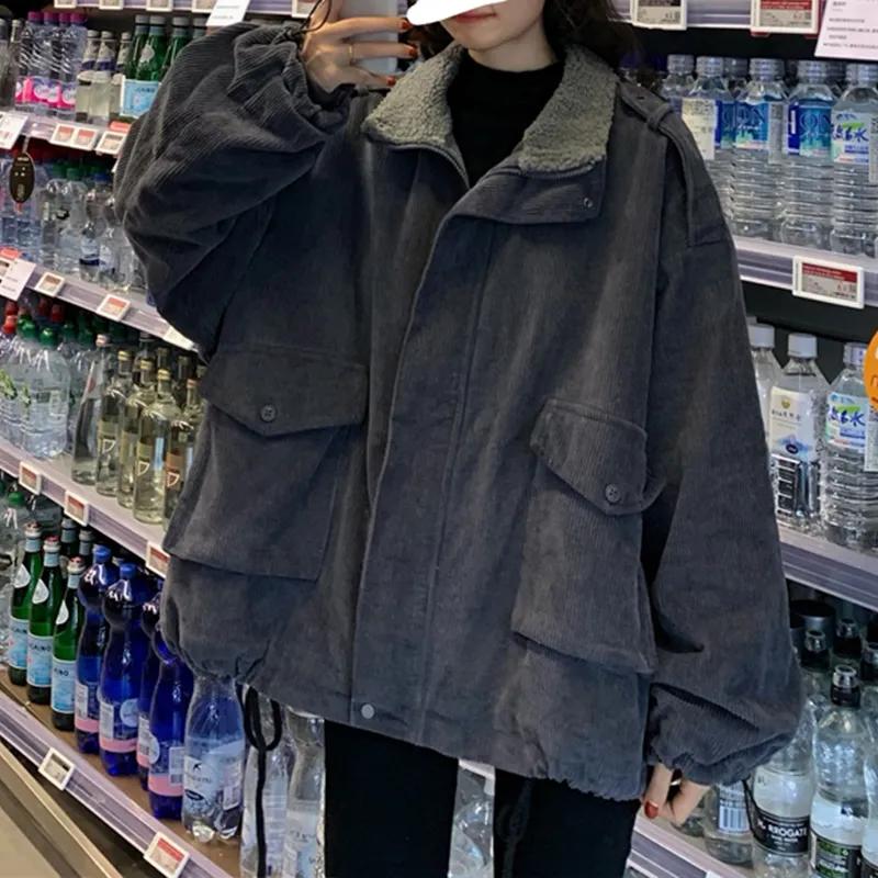 Women Winter Warm Patchwork Corduroy Vintage Thick Loose Parkas Female Outwear Pocket