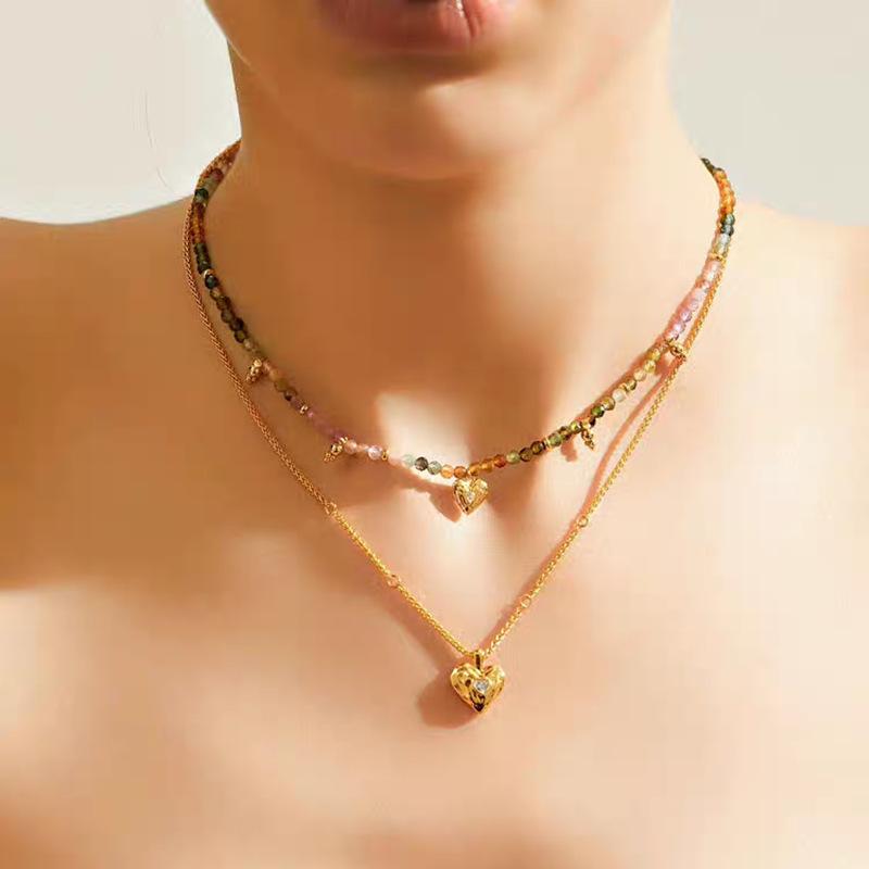 Love Natural Stone Tourmaline Color Pendant Women'S Beaded Necklace Neck Chain Clavicle Chain Premium Sense Simple Versatile Gift