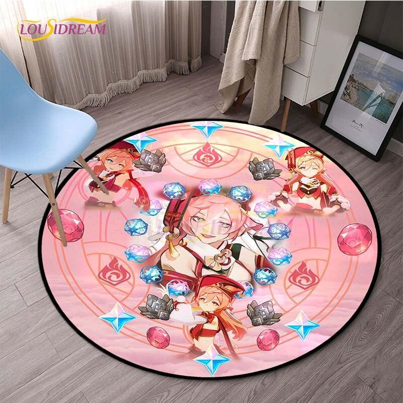 Genshin Impact Runde Teppiche für Schlafzimmer, Cartoon-Teppiche für Wohnzimmer, Kinder, weicher Teppich, rutschfeste Bodenmatte, Heimdekoration, Camping, Picknick