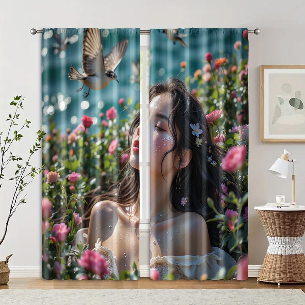 

2 pcs, filtering curtains (excluding rods, non-movable, without batteries) Floral Woman for use in bedrooms and living rooms 29x65in(75x166cm)