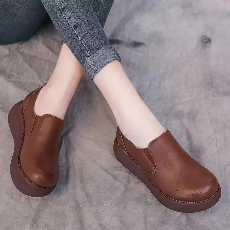 Soft Leather Wedge Heel Round Toe Deep Mouth Single Shoes Women's Four Seasons Waterproof Platform Non-slip Wear-resistant Work Women's Shoes