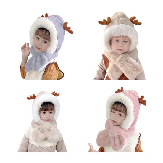 Children Hat With Scarf Design Antler Decoration Thickened Warm Plush Winter Hat