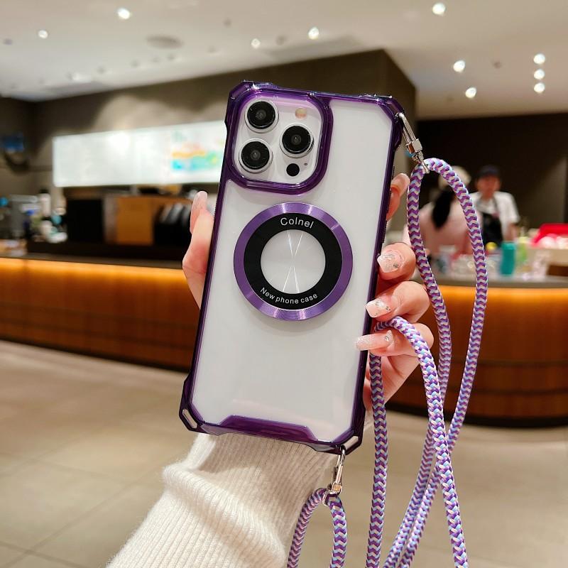 Four Corners Strap Case For iPhone 17 15 14 13 12 Pro Max 16 Plus 11 Pro Crossbody Cord Lanyard Shockproof Clear Magnetic Cover For iPhone 17
