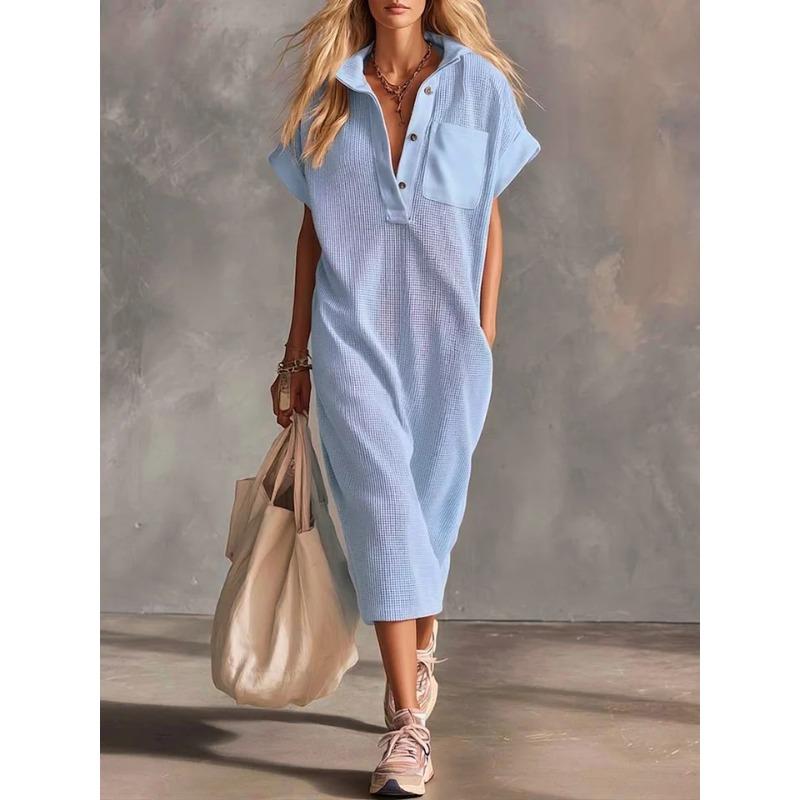 IHUASU Mode Zomer Lente Effen Kleur Print Korte Mouw POLO Kraag Casual Jurken