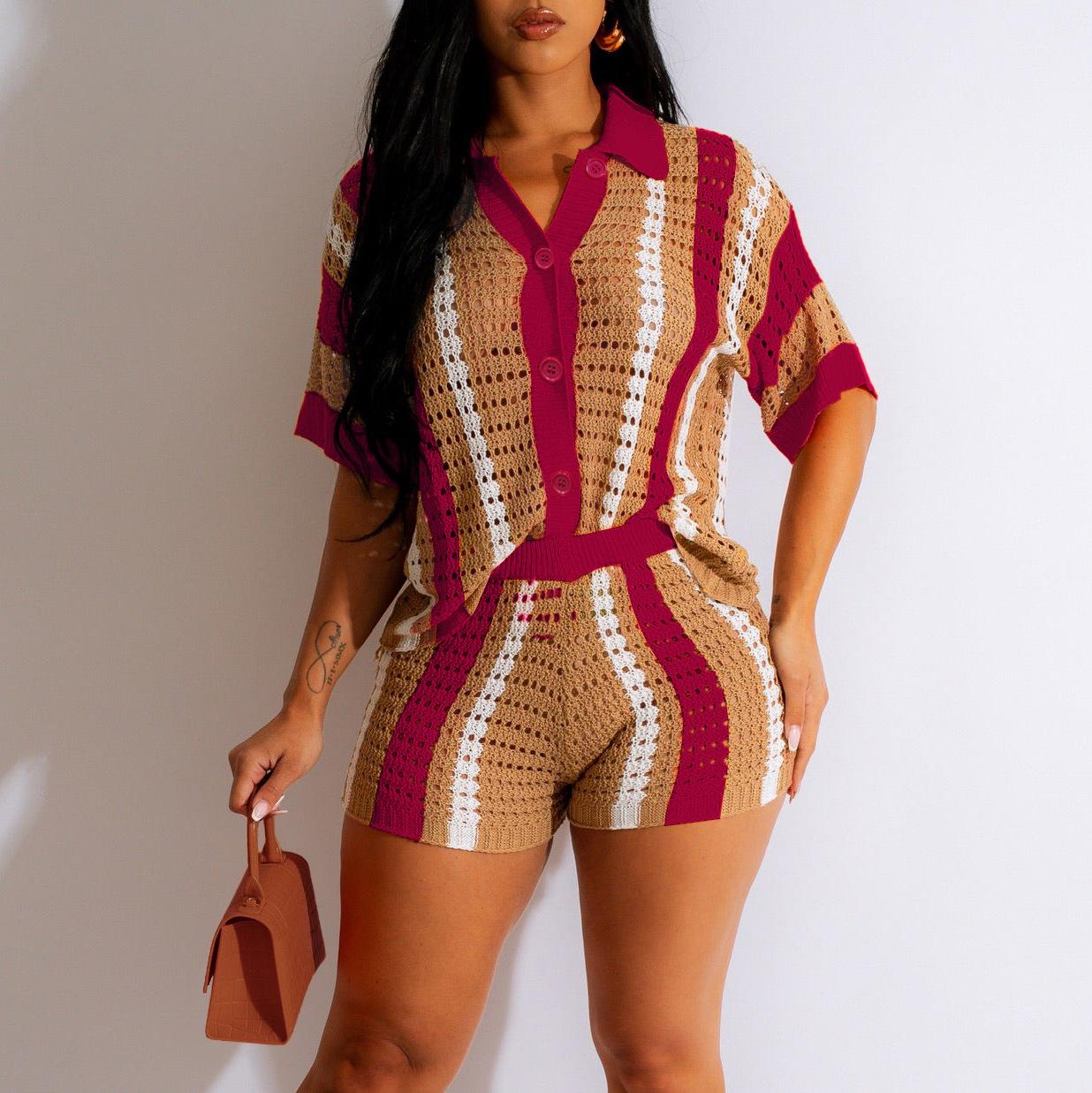 

Женский сексуальный ажурный прозрачный цветной вязаный топ с отворотами и короткими рукавами, шорты, костюм XL вино красного