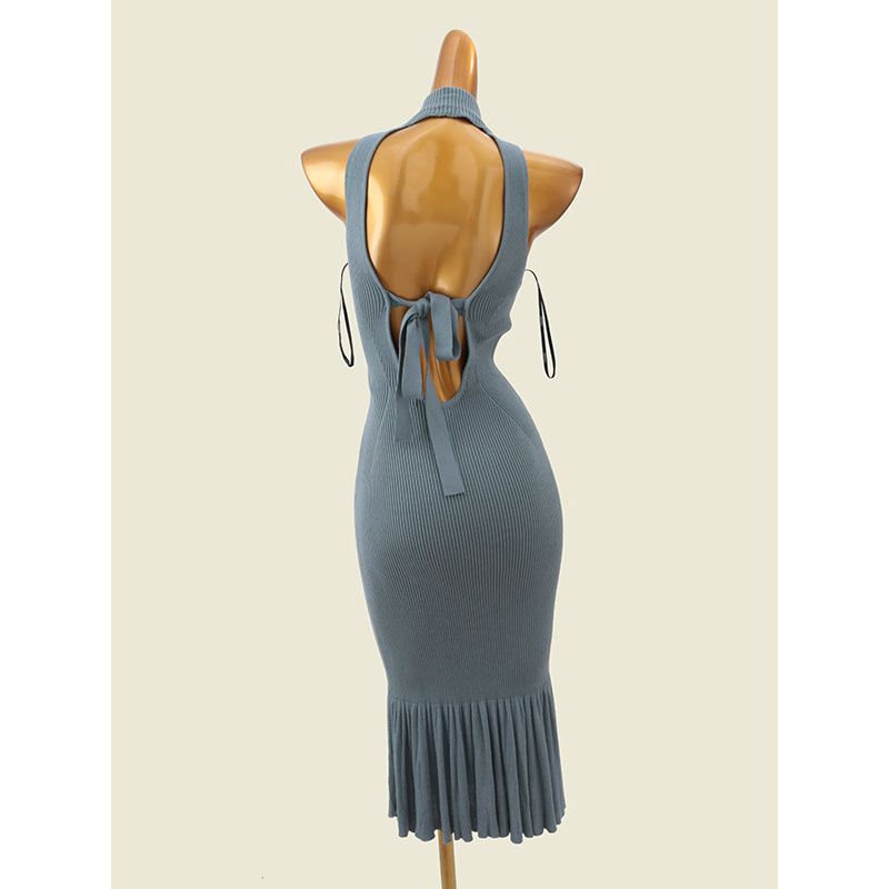 Foreign Trade Original Order Pure Desire Beauty Back Dress Pleated Fishtail Narrow Shoulder Hanging Neck Knitted Vest Skirt Women