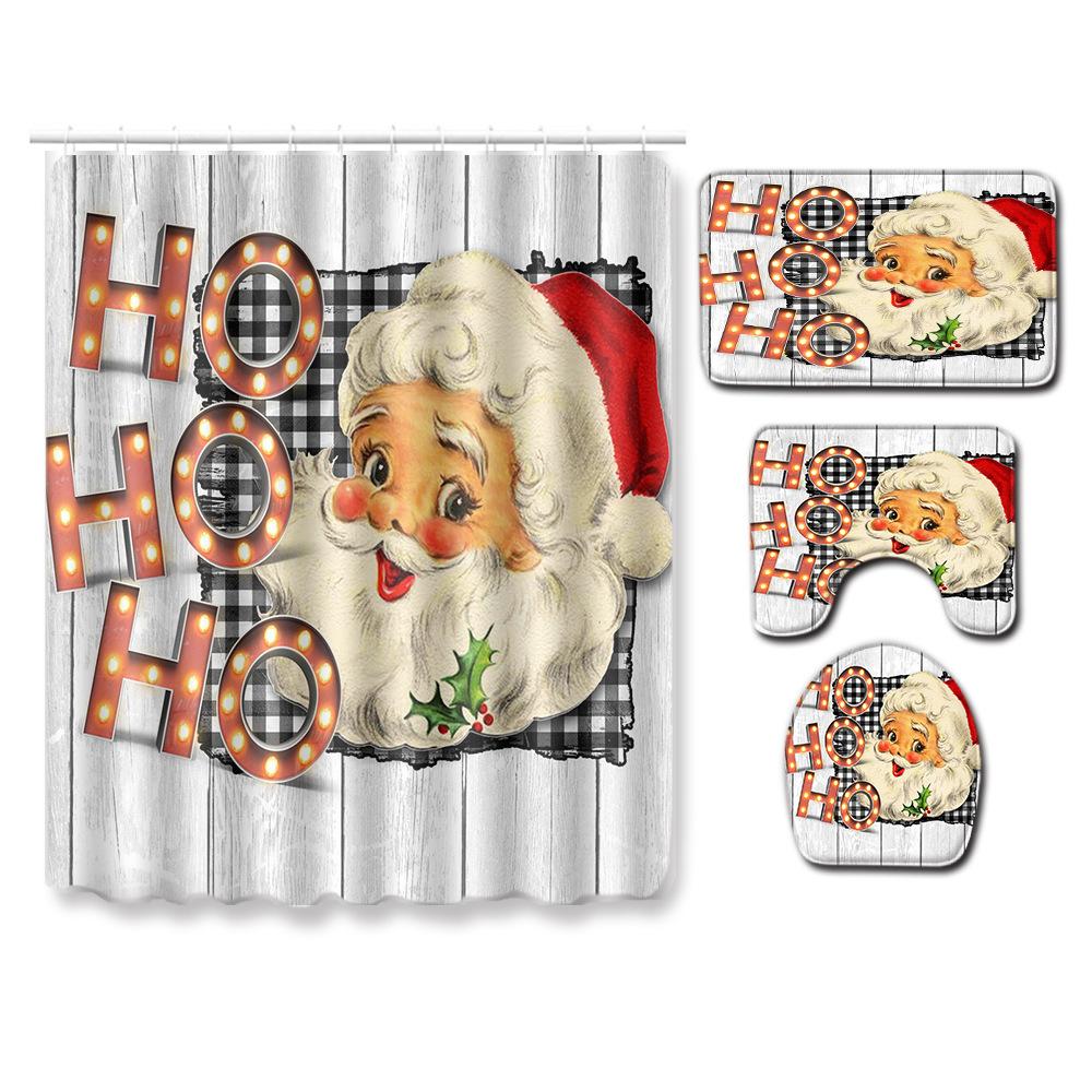 Christmas Shower Curtain Floor Mat Combination Four-Piece Set Bathroom Toilet Carpet Shower Room Mat Foot Mat