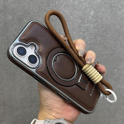 Business Leather Magnetic Bracket Case For iPhone 16 Pro Max 15 Pro 14 13 12 Luxury Lanyard Shockproof for Magsafe Stand Phone Cover
