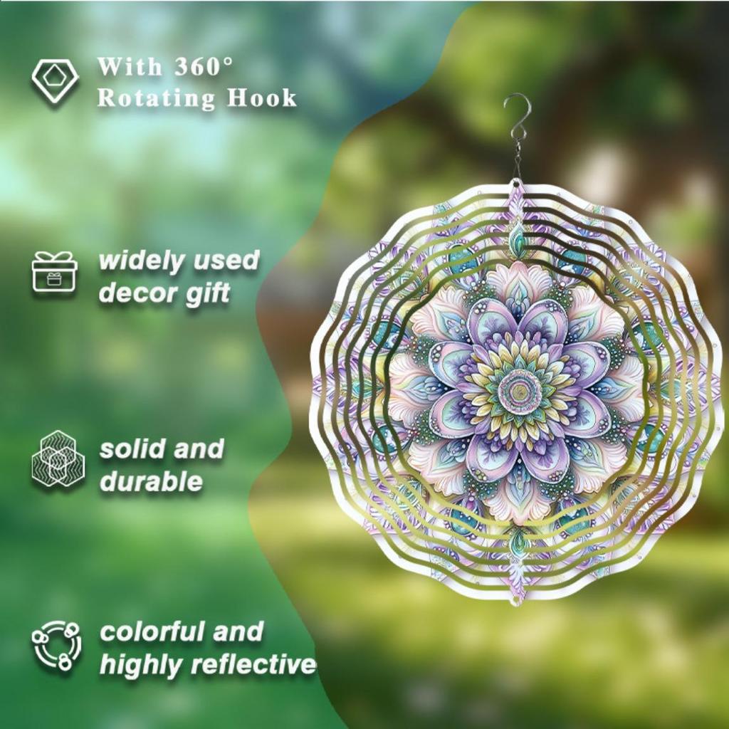 10 Inch Hanging Spinning Wind Chime with Dreamy Mandala Pattern 360 Degree Hook Art Decor for Garden Lawn Courtyard Summer Spring Elegant Gift