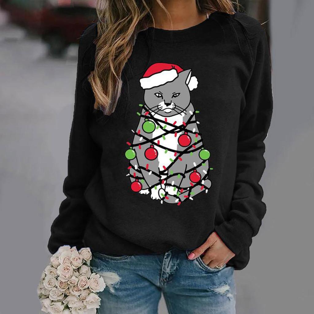 Women's Christmas Cat With Lights Printing O- Neck Long Sleeve T-Shirt Top