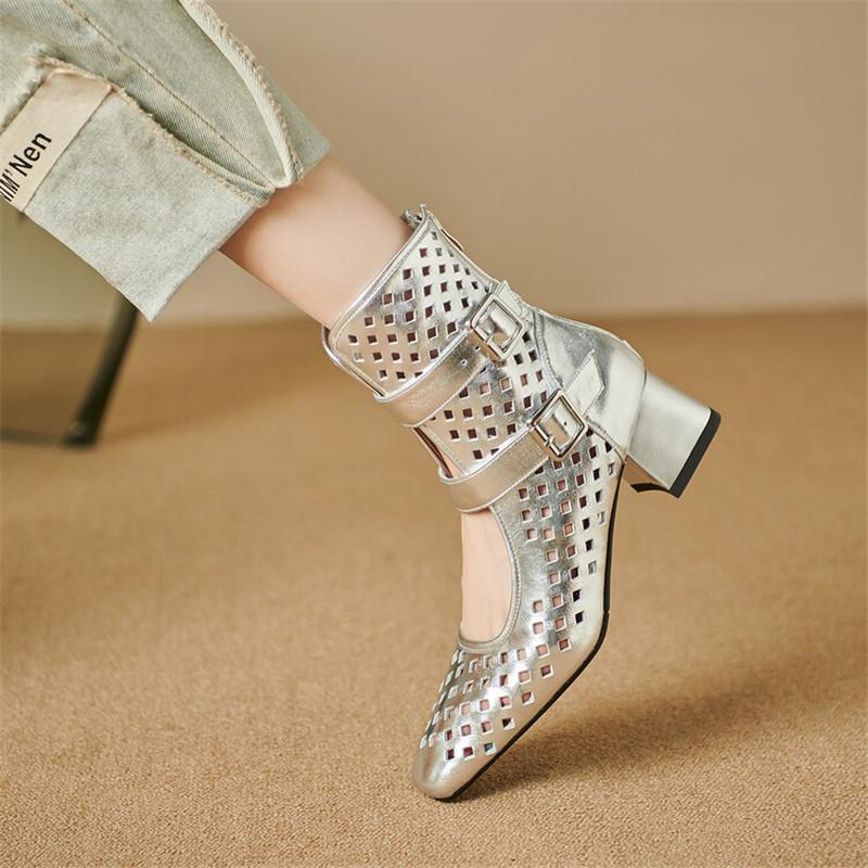 Fashion New Summer Sandals Square Toe Chunky Heels Fashion Hollow Out Sandals Shoes for Women Zapatos De Mujer Mesh Boots Sandals