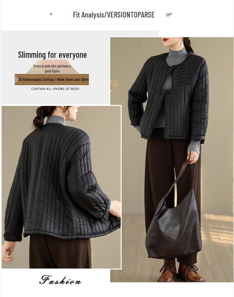 Available: Quilted Women's Korean-Style Loose Winter Jacket with Irregular Placket and Round Neck.