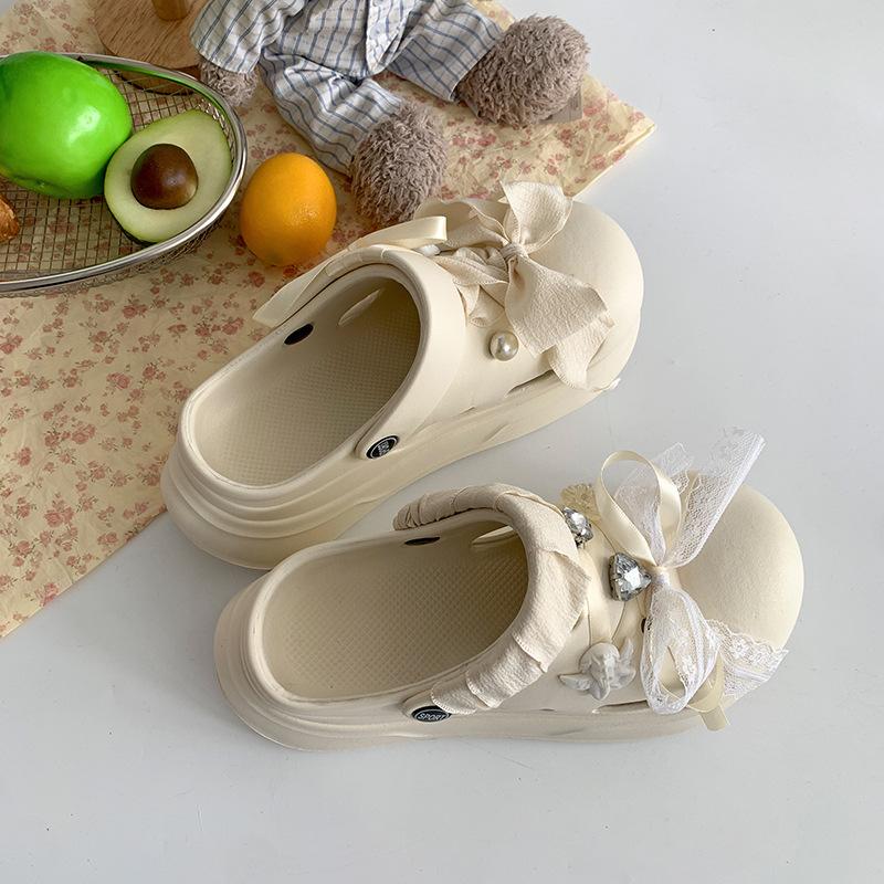 

Fashion bow white platform hole shoes women s 2025 new summer wear height-increasing versatile bag head slippers 39-40 бежевый