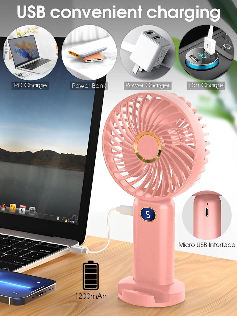 Multi Functional Fan Mini USB Handheld Portable Student Small Fan with 5 Modes Digital Display 1200mAh Desktop Electric Fan