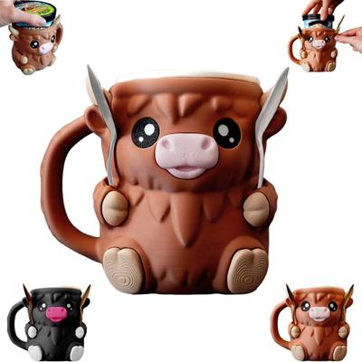 Hochlandrind Eisbecherhalter Isolierter Eisbecher-Überzug mit Snackfach und Löffel 16 oz Eisbecherhalter Hochlandrind Deko Geschenke