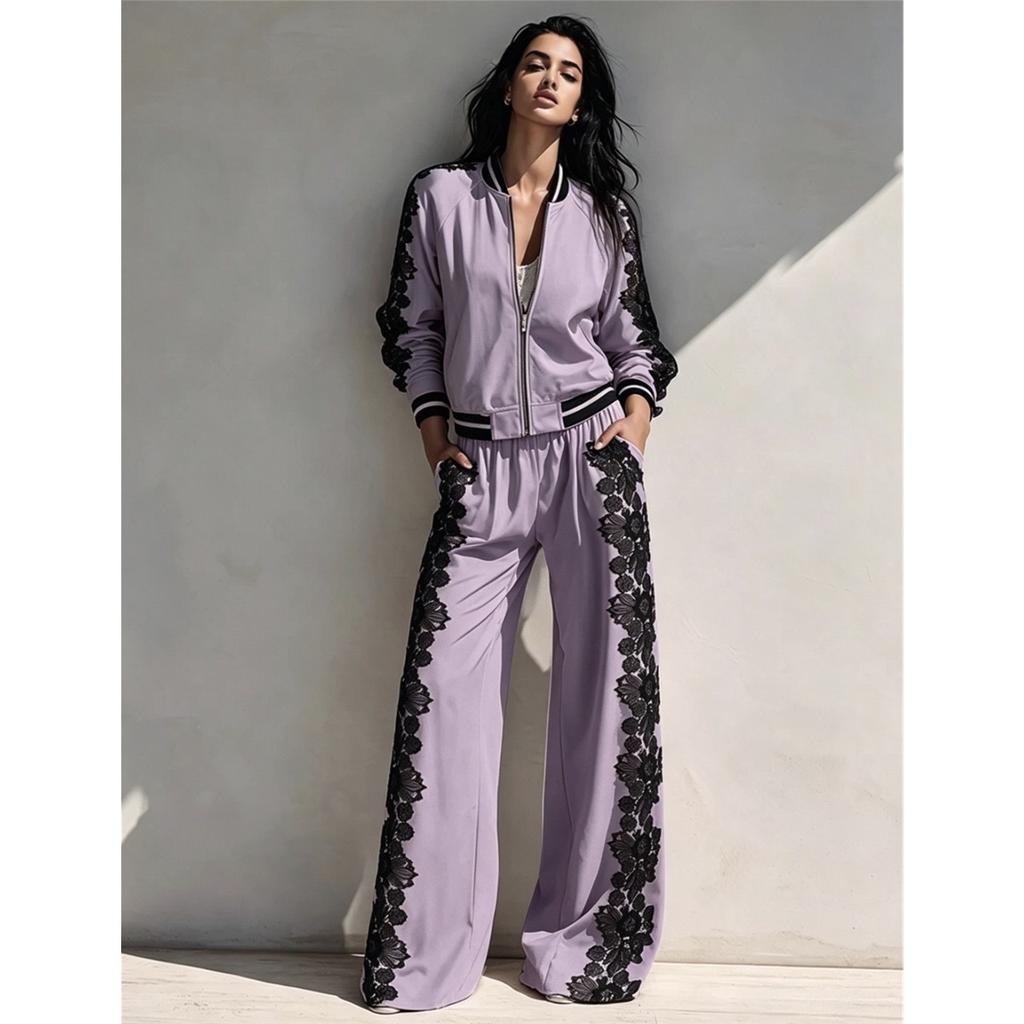 Women Lace Splicing Two Piece Set Zipper Baseball Jacket + Wide Leg Pants Casual Long Sleeve Tracksuit Ladies Outfit