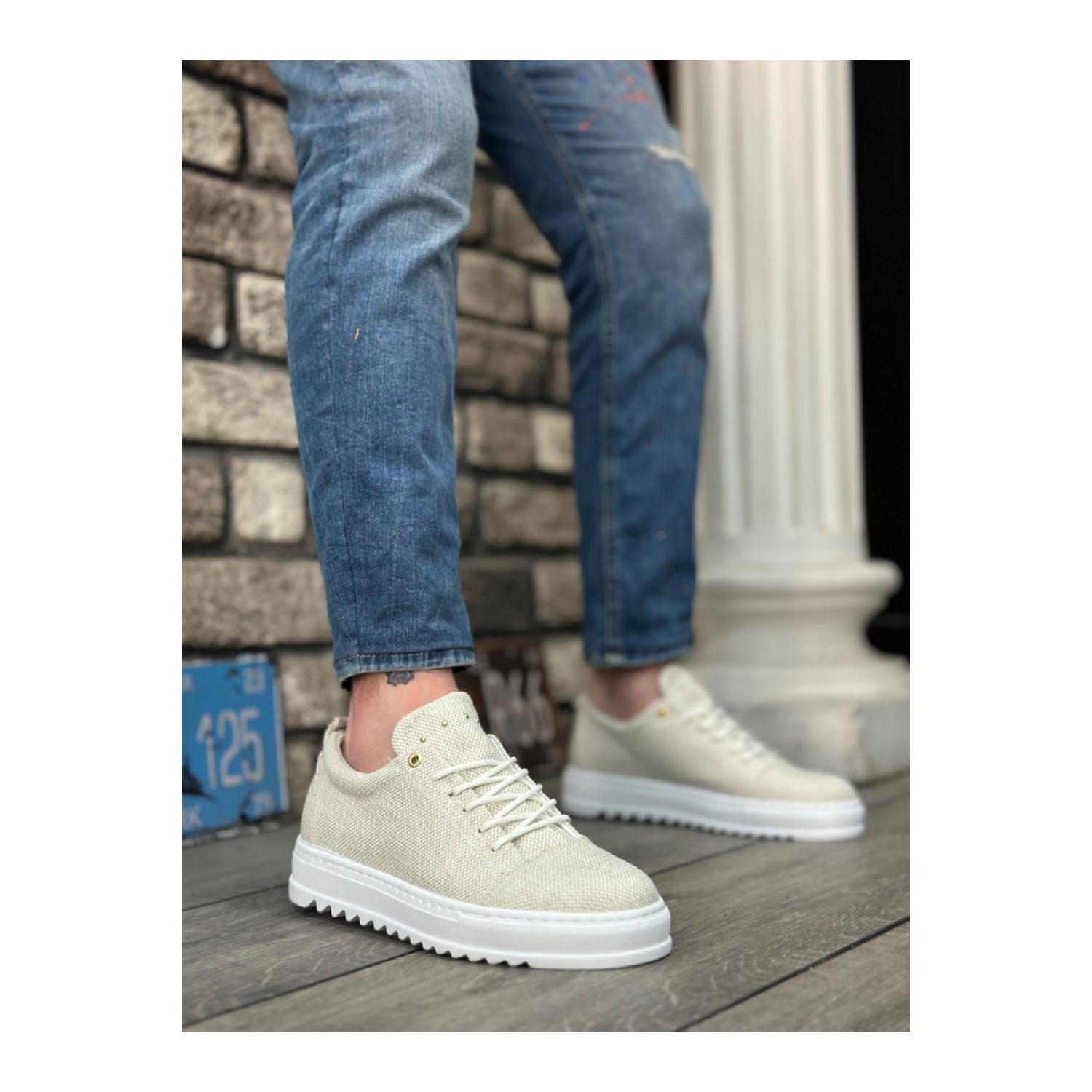 

Ba0152 Lace-up High Sole Cream Linen Men s Shoes 40