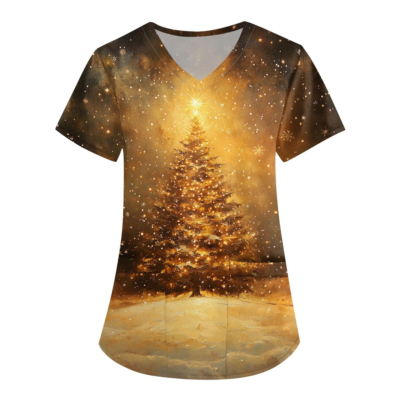 

Женская симпатичная рабочая одежда с принтом, V-образным вырезом, двухслойными карманами, базовым коротким рукавом, пуловером на Рождество XXXL жёлтый