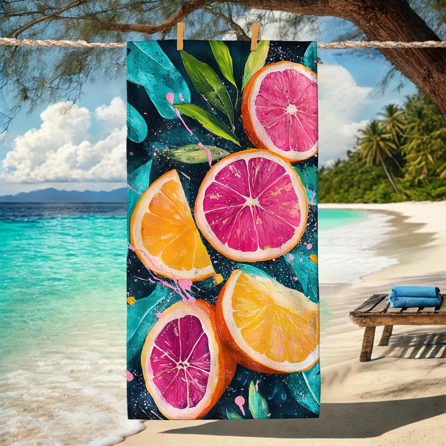 

Vibrant Citrus Fruit Beach Towel Colorful Lemon and Peach Grapefruit Design Quick Dry Microfiber Sand Free Absorbent W30*H60(CM)