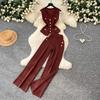 Casual Knitted Sweater Two Piece Sets for Women Metal-button V-neck Sleeveless Fitted Versatile Knit Top and Casual Pants Set