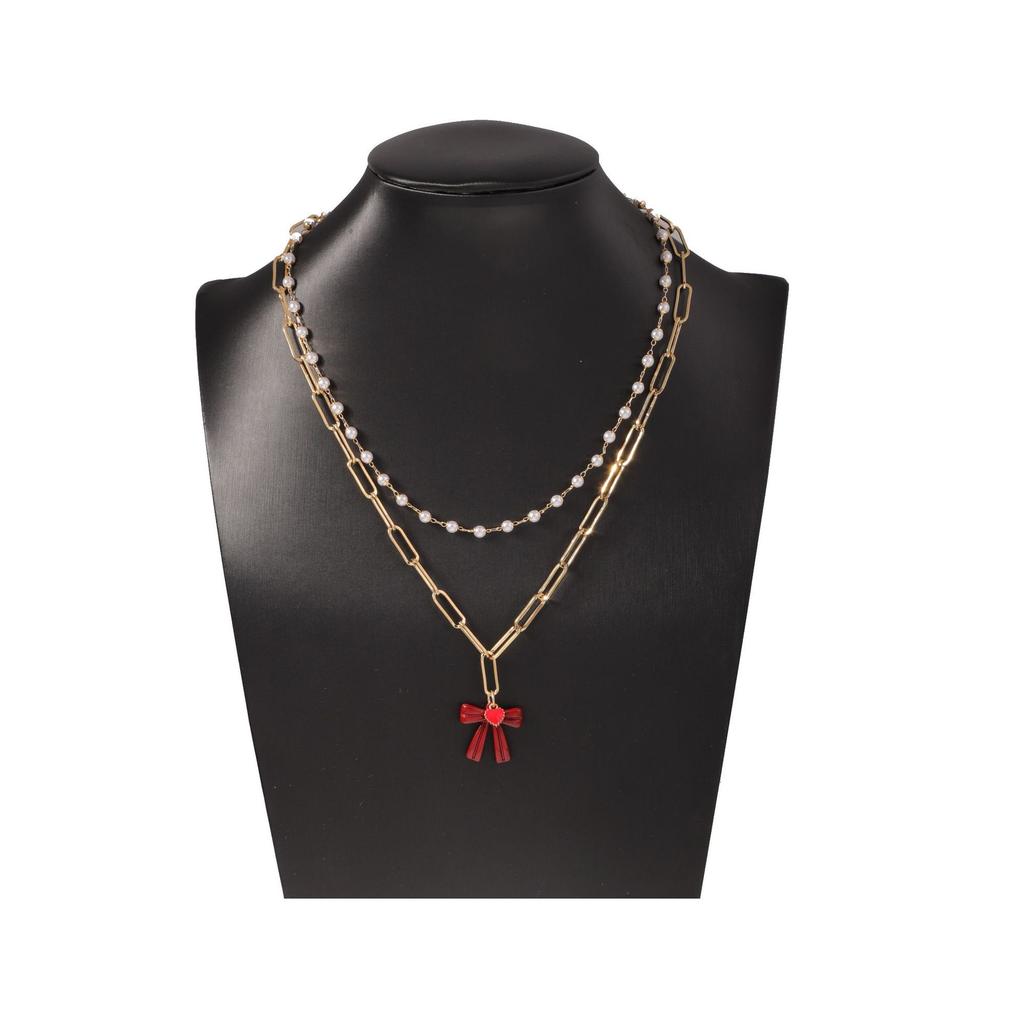 Korean version of simple, fashionable and fresh temperament double-layer stacked chain imitation pearl niche design necklace versatile daily