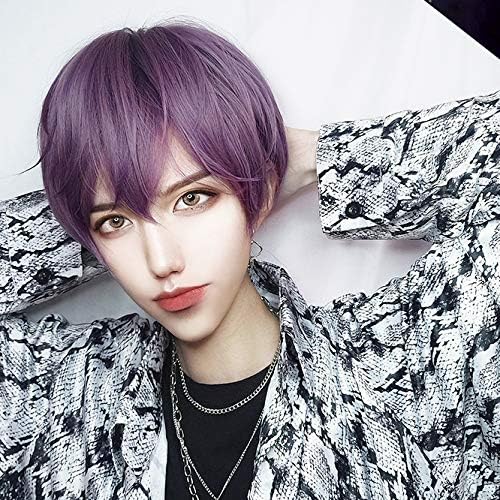 Harajuku-style purple short wig, semi-long, men's, fashionable, with net, natural look, unisex