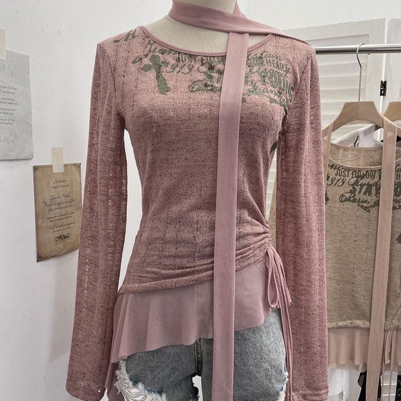 2KWEIRD Grunge Aesthetics Knitted Tops Trashy Y2k Graffiti Print T-shirt Vintage Punk Irregular Patchwork Knitwear High Street