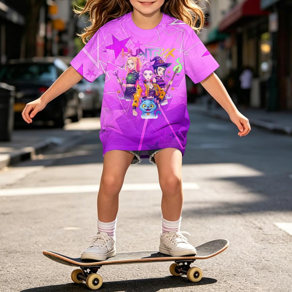 Girls Loose Fit Short Sleeve T Shirt Halloween Inspired Demon Hunter Print Casual Comfortable Top for Kids