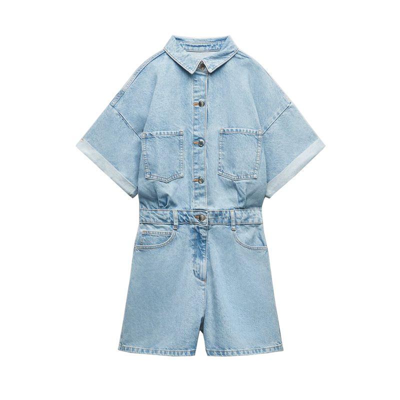 

American Retro Lapel and Waist Tight Denim Short Jumpsuit Medium Blue L