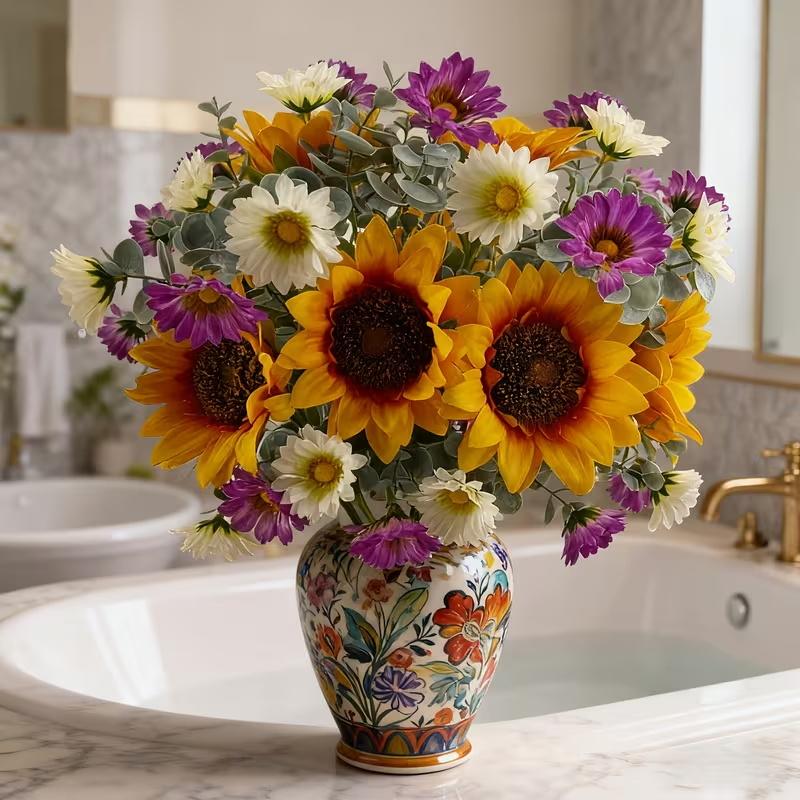 Artificial Sunflower Bouquet for Wedding Bridal Holding Flowers Fake Silk Sunflower with White Small Daisy Flower for Bride Bridesmaid Wedding Party