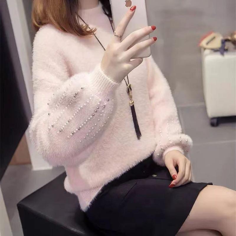 Long Sleeved Sweater for Women In Autumn Winter Simple Pullover Semi High Neck Imitation Mink Fur Gentle Knit Sweater for Women
