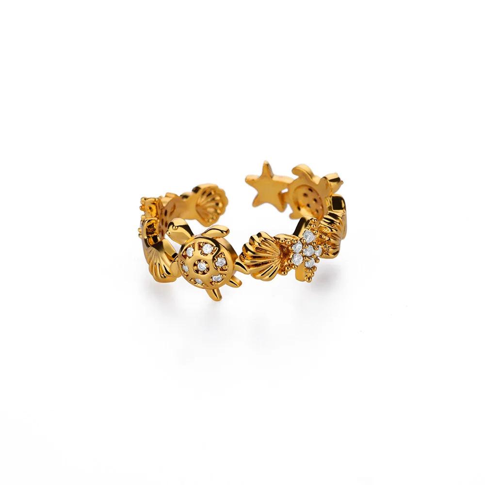 Hot-selling ocean wind starfish shell stainless steel open ring gold-plated women's vacation jewelry