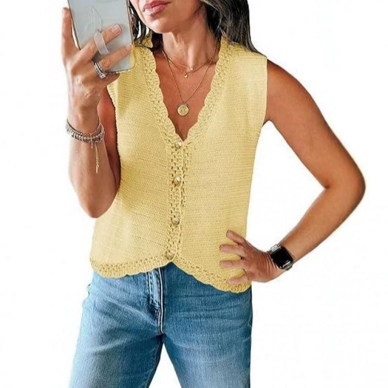 Womens V-Neck Sleeveless Knit Cardigan Short Loose Fit Casual Top With Button Front