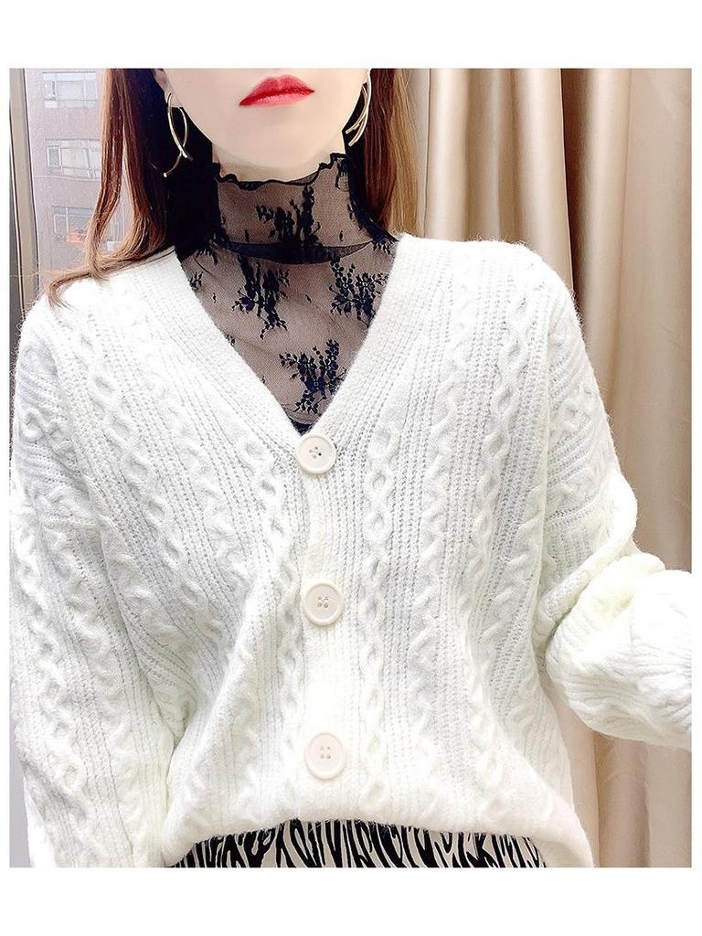 Women's High-End Lace Base Layer Top, Autumn/Winter, Velvet Warmth, Mesh Jacquard Collar, Slightly Sheer, Stylish Design