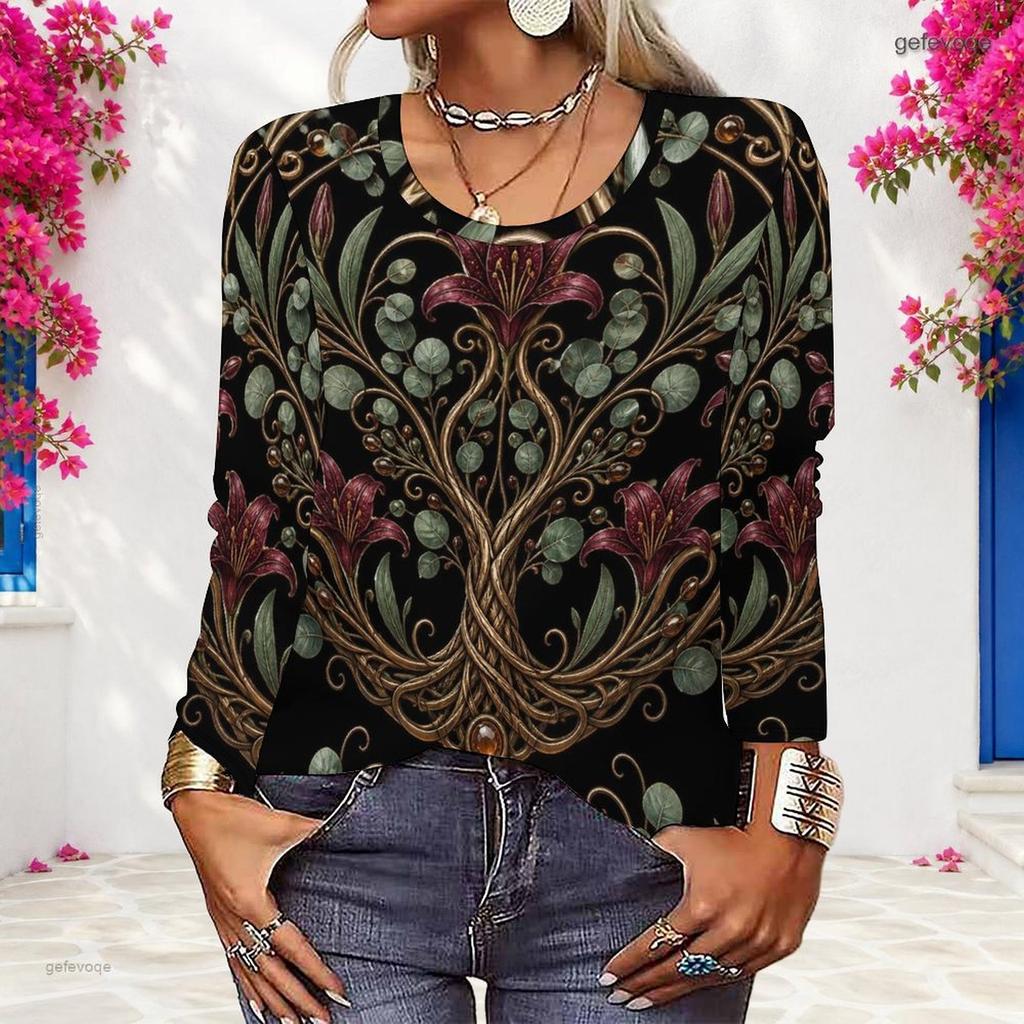 Plus Size Women Long Sleeve Shirt Abstract Glitter Gold Green Swirl Print Crew Neck Casual Loose Pullover Blouse