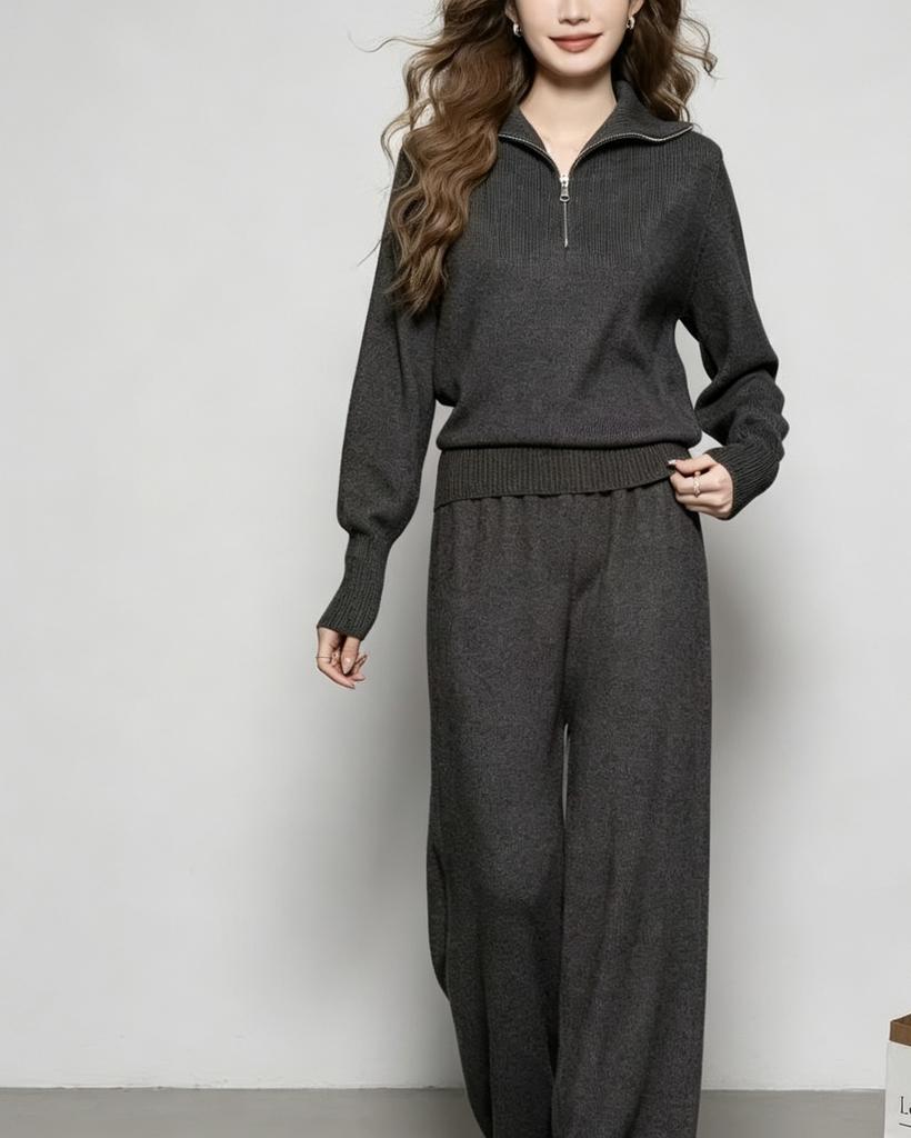 European and American casual knit set: women's half-zip sweater + high-waisted wide-leg pants, weighty two-piece set