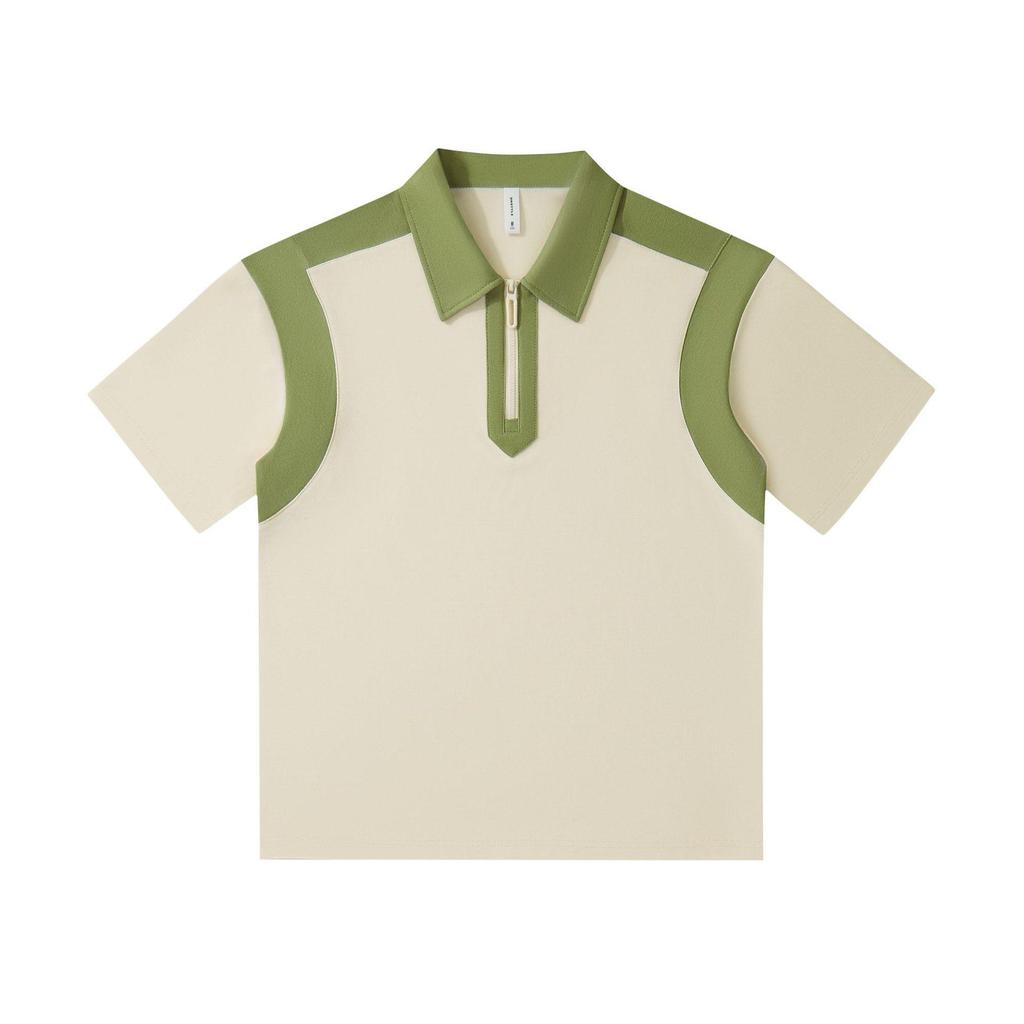 Trendy College Style Contrast Polo: Heavy 240g Pearl Cotton, Half-Zip, Drop Shoulder, Short Sleeve