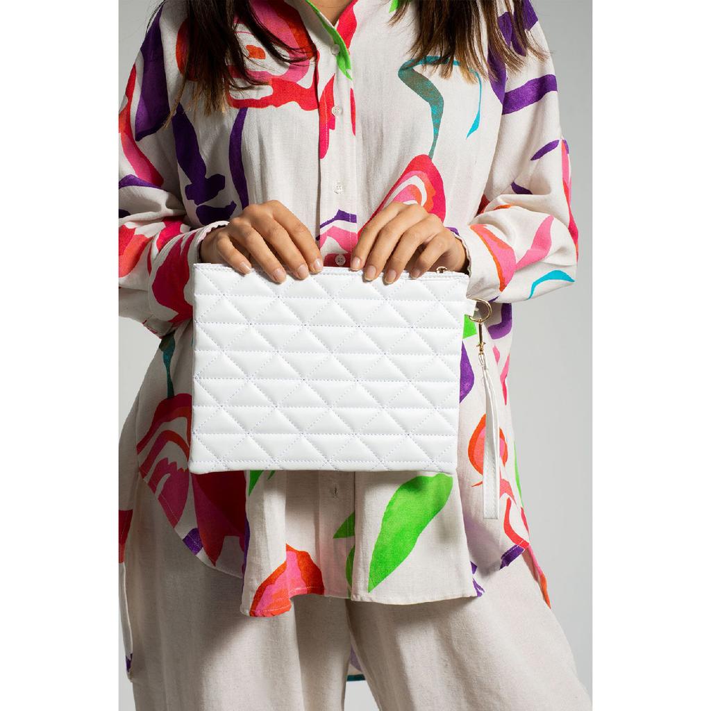 Black Patent Leather Triangle Patterned Portfolio Clutch Handbag