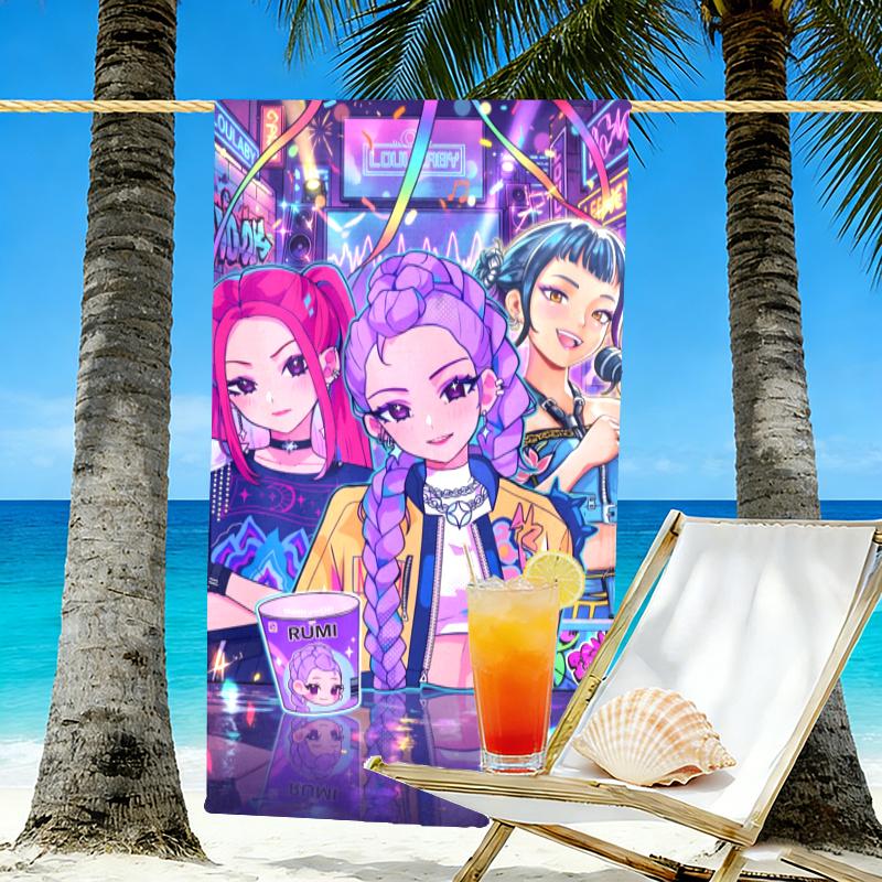 KPop Demon Hunters Print Beach Towel Design, Soft, Lightweight. for Home Bathroom, Spa, Pool, Yoga, Surfing, Camping, Gift for Family, Friend
